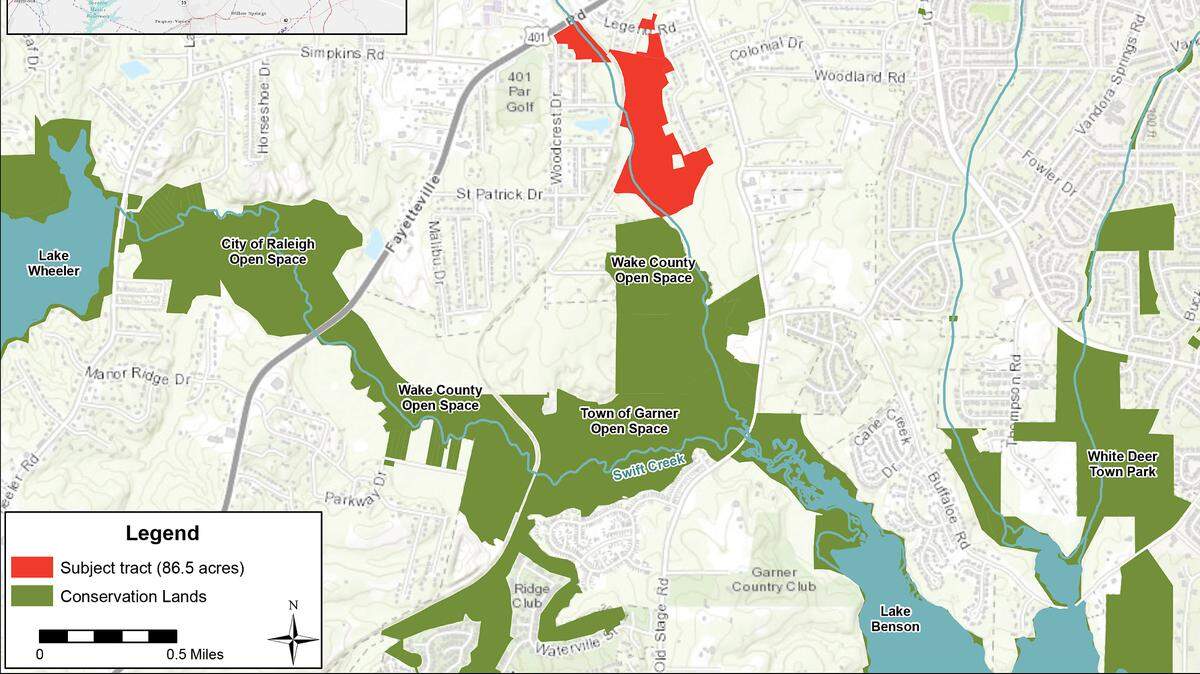 The Town of Garner and The Conservation Fund purchased 86.5 acres, shown in red top center, along a tributary of Swift Creek upstream of Lake Benson.