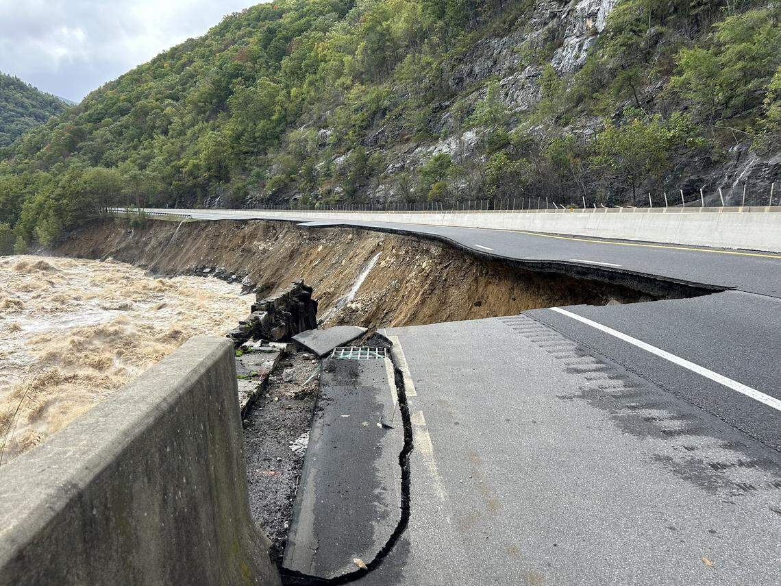 Several lanes of I-40 in N.C. near the Tennessee line washed out and collapsed during catastrophic flooding from Helene. The North Carolina Department of Transportation said I-40 was closed in multiple locations between Asheville and eastern Tennessee due to washouts and debris.