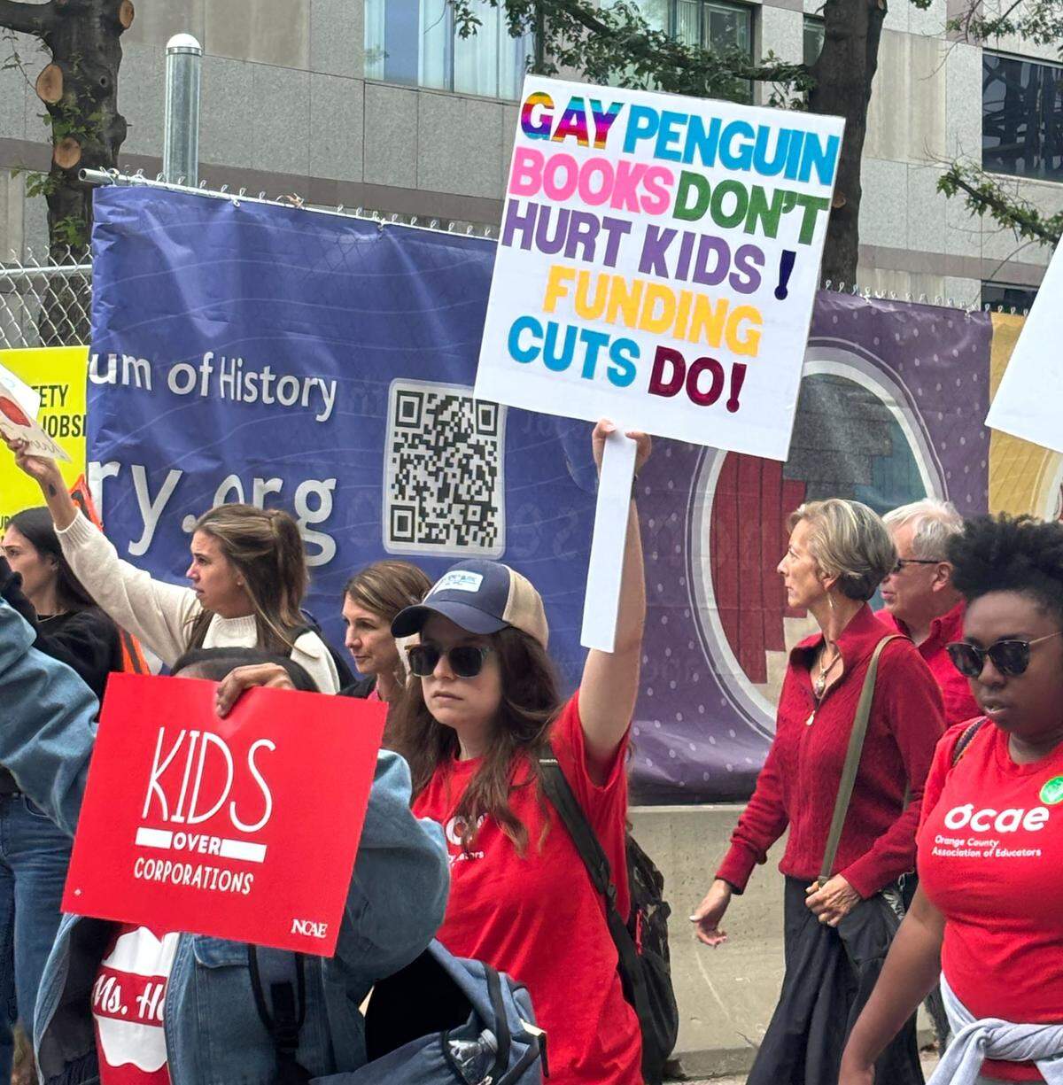 Teachers and supporters march through downtown Raleigh, May 1, 2026.