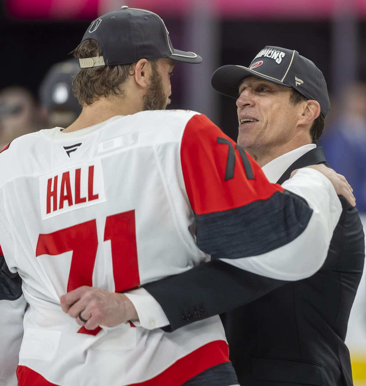 Carolina Hurricanes coach Rod Brind’Amour embraces left wing Taylor Hall (71) during the celebration following  a 3-0 victory over Vegas in Game 6 of the Stanley Cup Final, on Sunday, June 14, 2026 at T-Mobile Arena in Las Vegas, N