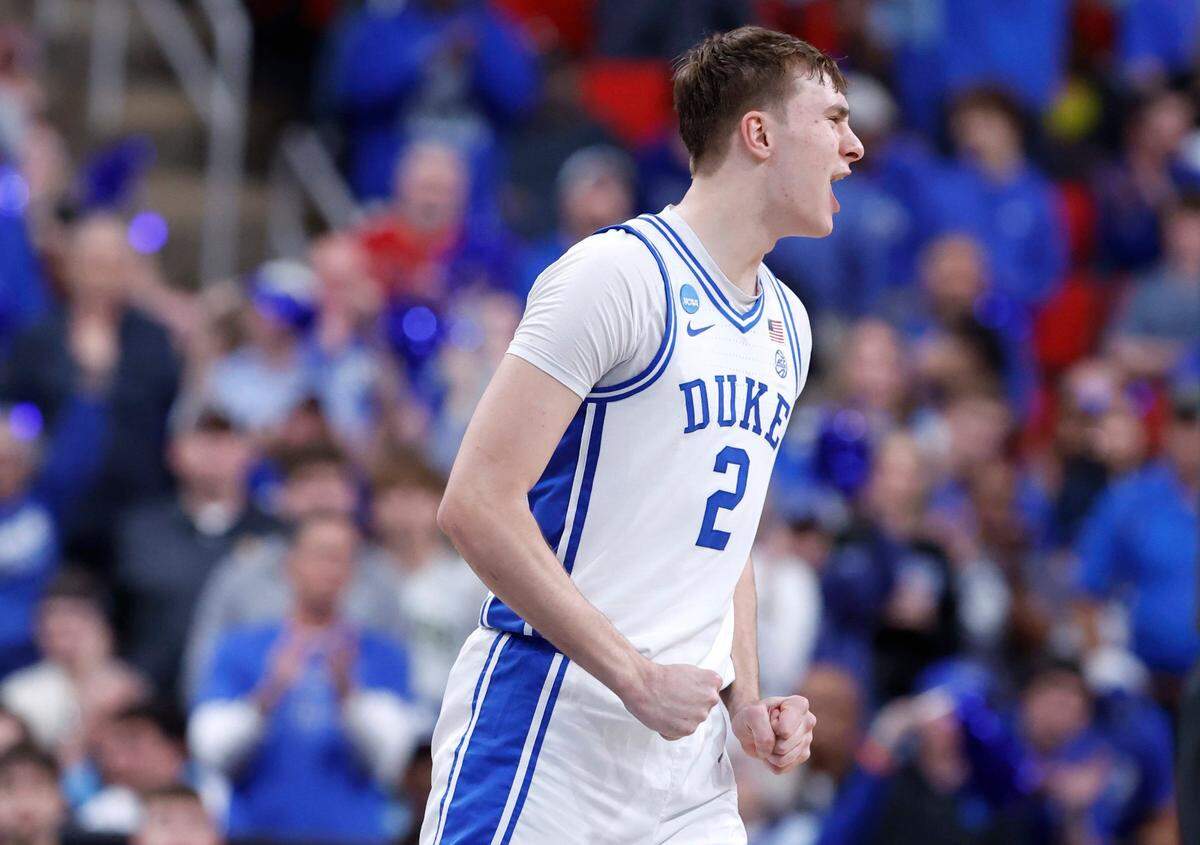 Duke’s Cooper Flagg (2) celebrates after Baylor called a timeout during the first half of Duke’s game against Baylor in the second round of the 2025 NCAA men’s basketball championship at the Lenovo Center in Raleigh, N.C., Sunday, March 23, 2025.