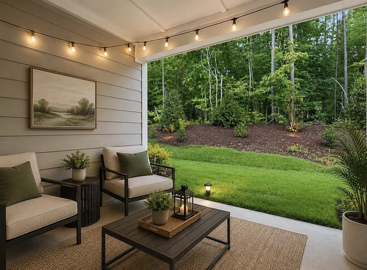 The view from the backyard porch in a newly listed four-bedroom townhome on Dominion Crest Drive, part of a mixed-income development.