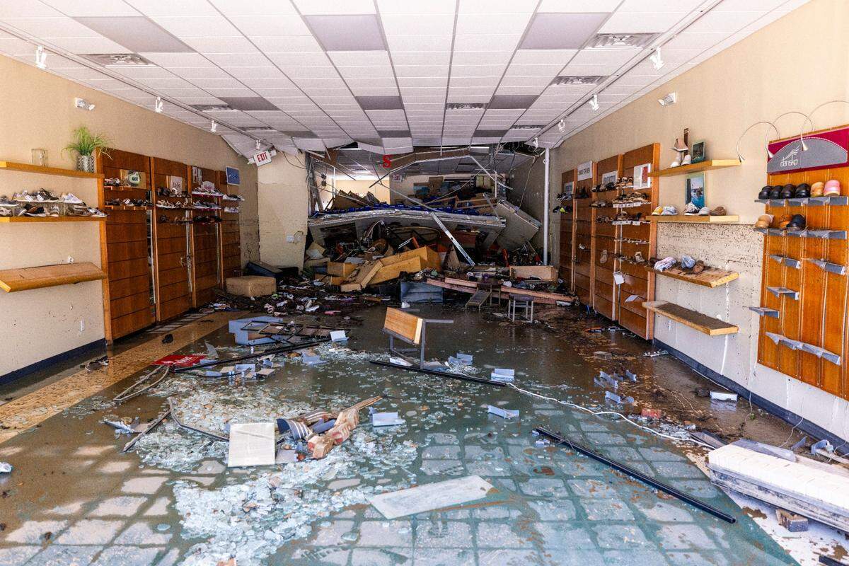 The interior of a shoe store in Eastgate Crossing in Chapel Hill sustained heavy damage on Monday, July 7, 2025, after floodwaters surged about 5 feet inside businesses at the shopping center. The flooding was caused by heavy rain from Tropical Storm Chantal, which triggered flash flooding in parts of Orange, Durham, and Chatham counties.