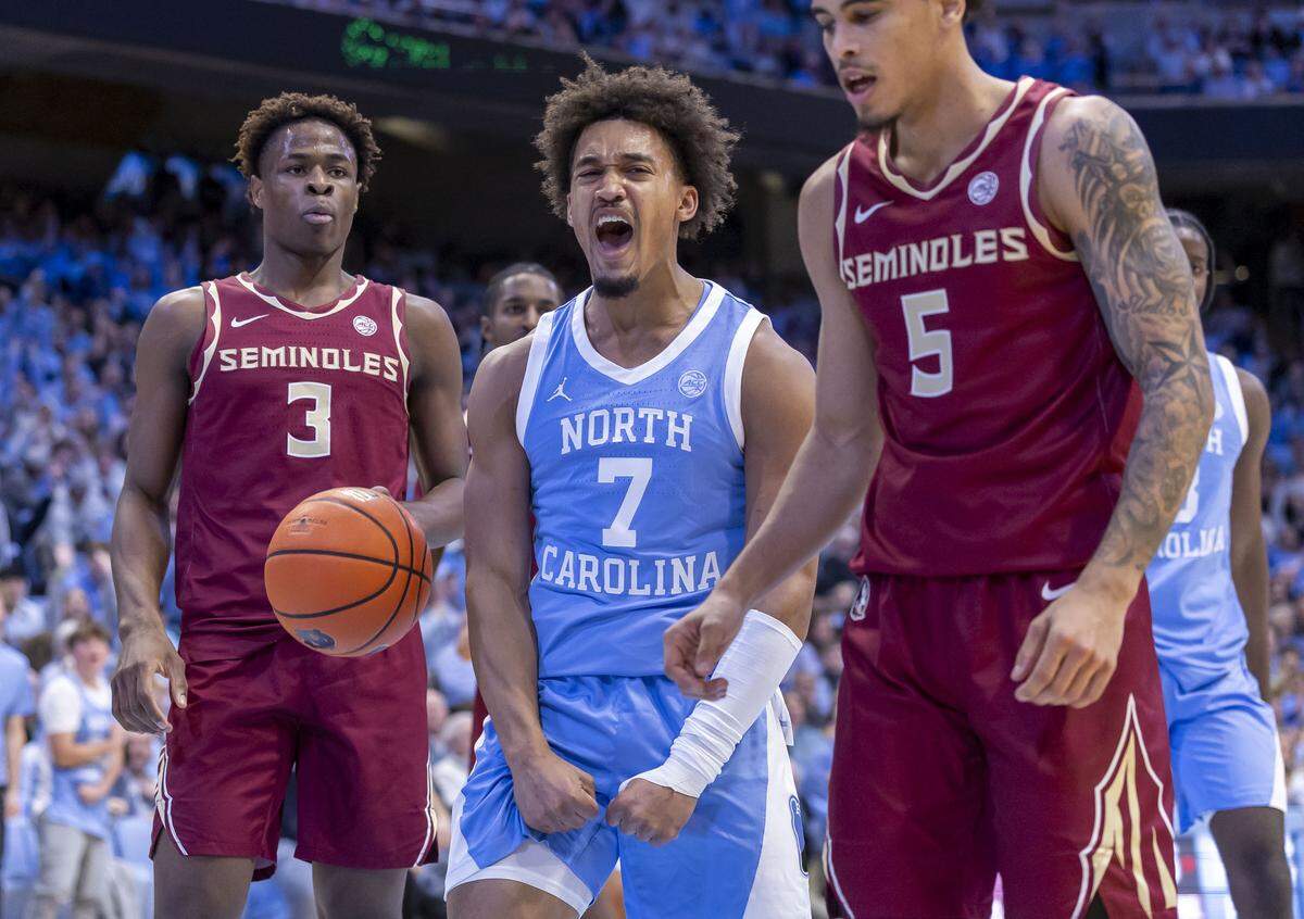 North Carolina guard Seth Trimble (7) reacts after sinking a basket and drawing a foul in the first half against Florida State on Tuesday, December 30, 2025 at the Smith Center in Chapel Hill, N.C.