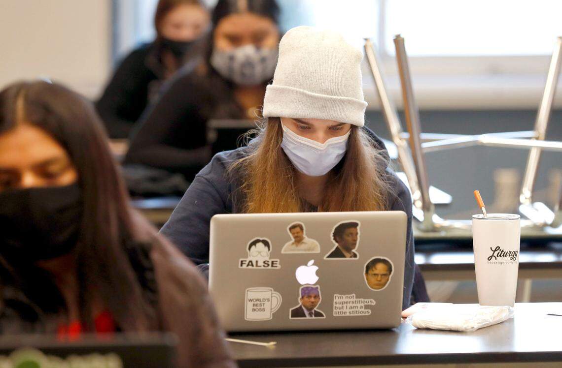 Victoria Merida, junior, works during her physical science blended class at Millbrook High School Wednesday morning, February 17, 2021.