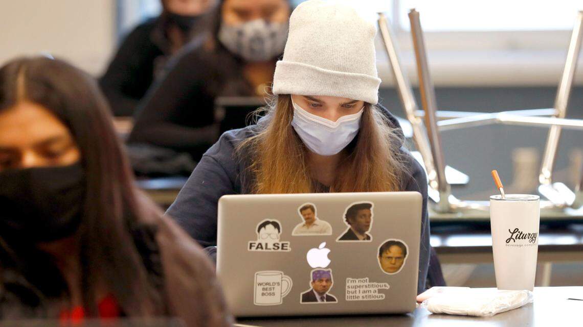 Victoria Merida, junior, works during her physical science blended class at Millbrook High School Wednesday morning, February 17, 2021. Wake County school officials say more discussion is needed before they can recommed changes to start high schools later in the morning.