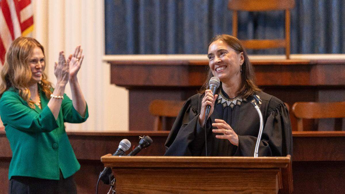 Justice Allison Riggs applauds remarks by North Carolina Supreme Court from Justice Anita Earls prior the swearing-in ceremony in the House Chamber of the State Capitol on Tuesday, May 13, 2025 in Raleigh, N.C.
