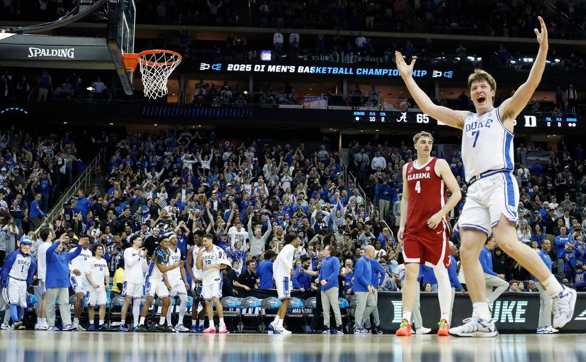 Duke’s Kon Knueppel (7) celebrates as time expires in Duke’s 85-65 victory over Alabama in their Elite 8 game in the 2025 NCAA Men’s Basketball Championship at the Prudential Center in Newark, N.J., Saturday, March 29, 2025.
