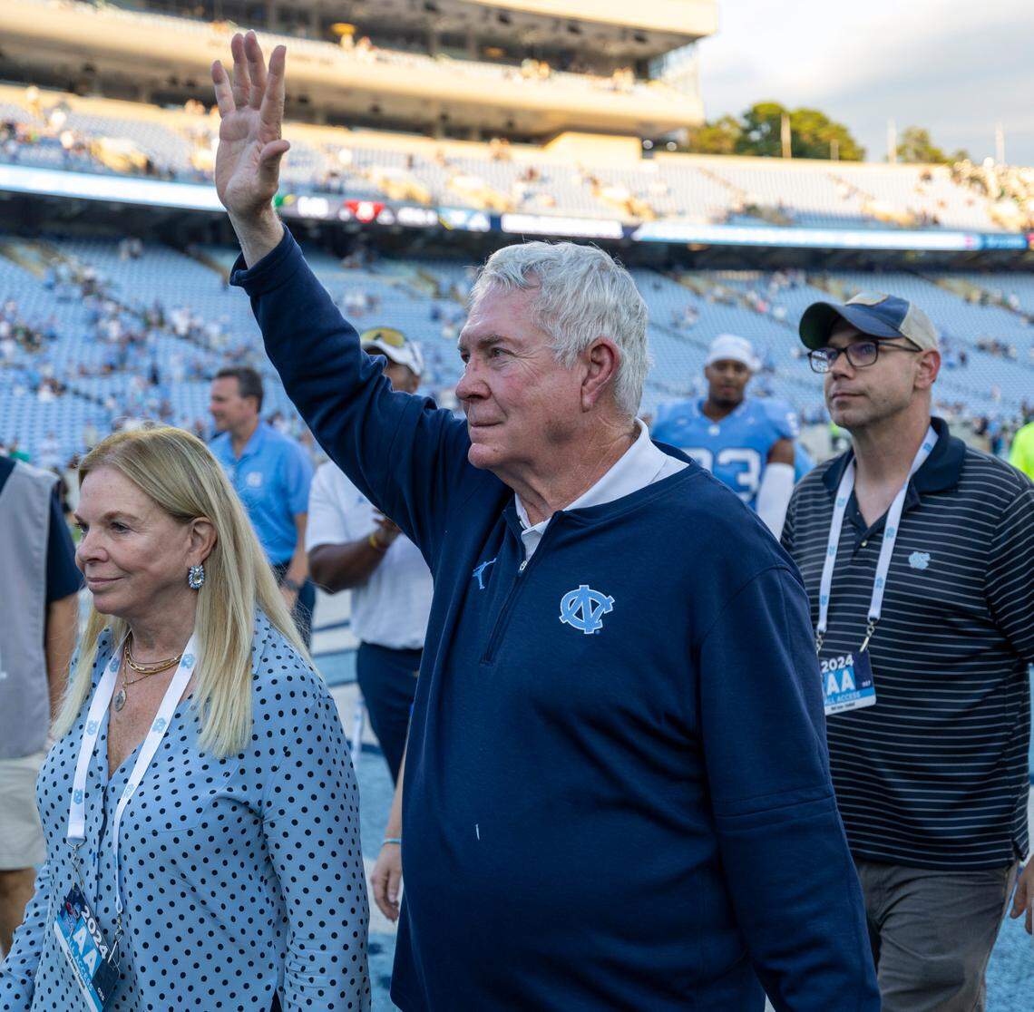 North Carolina coach Mack Brown acknowledges fans in the student section following the Tar Heels’ 38-20 victory on Saturday, September 7, 2024 at Kenan Stadium in Chapel Hill, N.C.