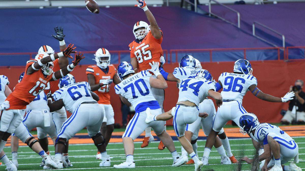 Duke Blue Devils place kicker Charlie Ham (44) during a game against Syracuse on Saturday, Oct. 10, 2020.