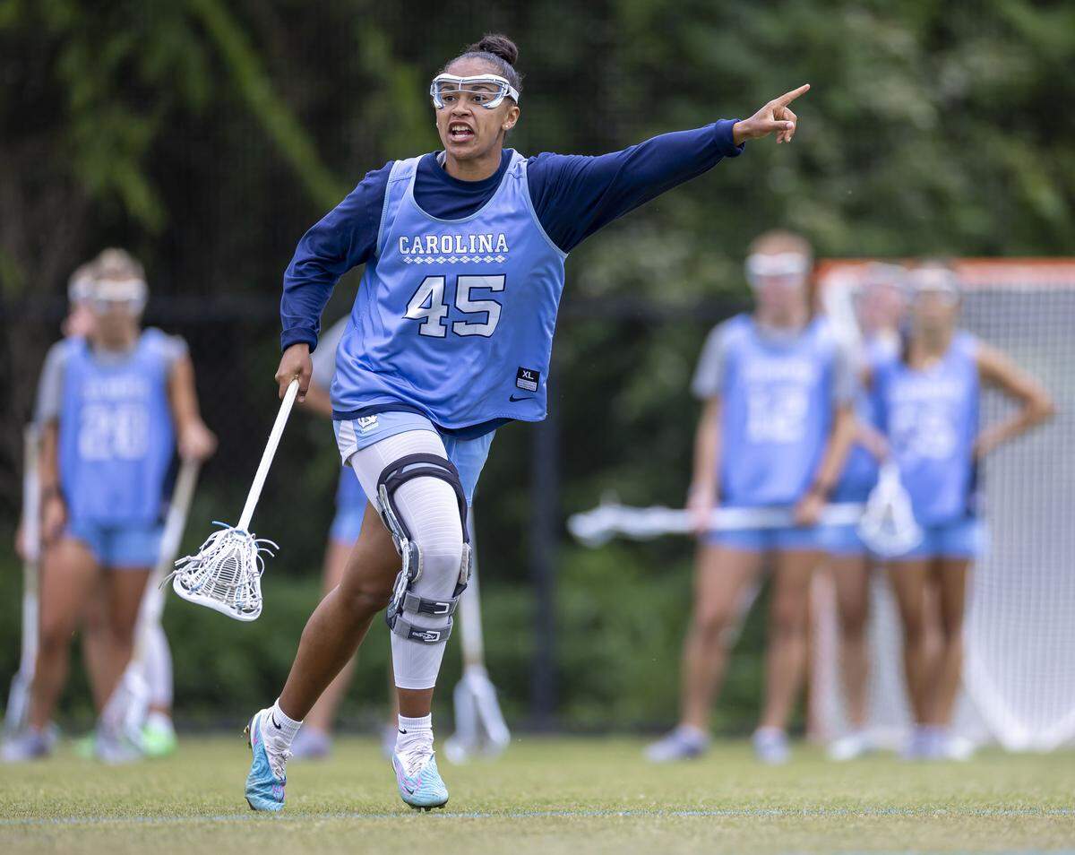 North Carolina women’s lacrosse defender Brooklyn Walker-Welch (45) directs teammates during practice, as they prepare for the NCAA Tournament on Wednesday, May 6, 2026 in Chapel Hill, N.C
