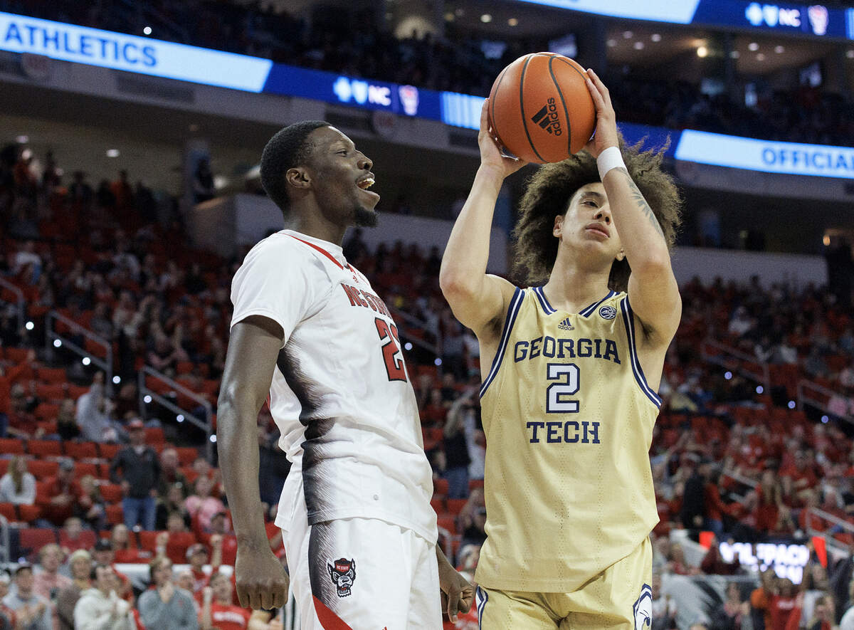 N.C. State’s Mohamed Diarra reacts after drawing a foul during the second half of the Wolfpack’s 82-76 win over Georgia Tech on Saturday, Feb. 3, 2024, at PNC Arena in Raleigh, N.C.