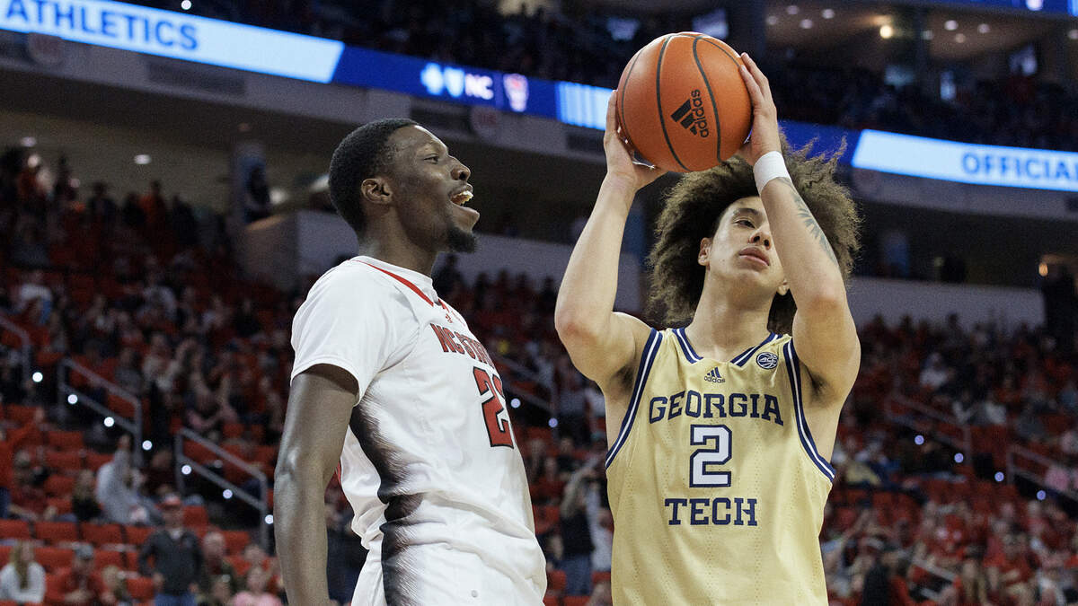 N.C. State’s Mohamed Diarra reacts after drawing a foul during the second half of the Wolfpack’s 82-76 win over Georgia Tech on Saturday, Feb. 3, 2024, at PNC Arena in Raleigh, N.C.