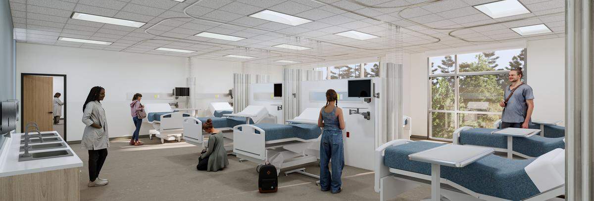 A rendering of the planned nurses aid station in the Perry Family Simulated Hospital now under construction on Wake Tech’s health sciences campus in Raleigh.