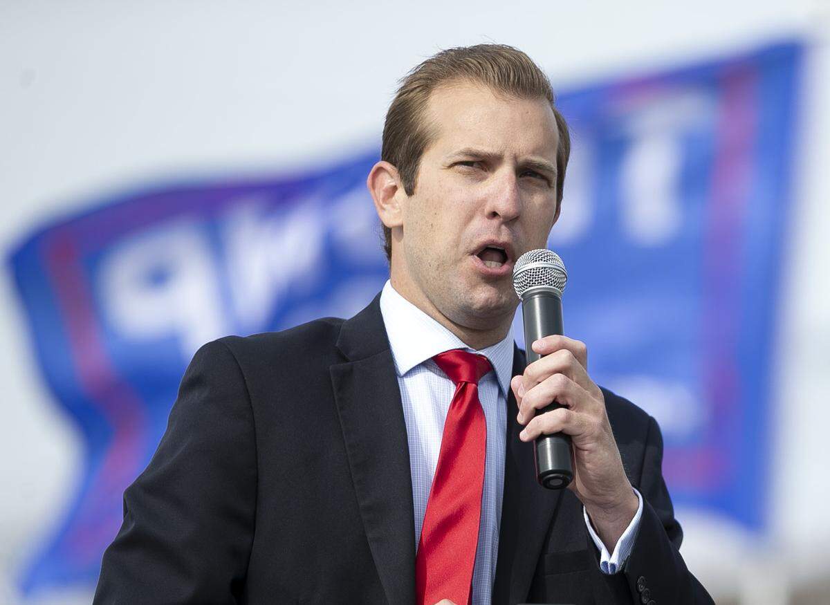 Jesse Hursey addresses the crowd prior to an Alamance County Trump Convoy at Ace Speedway on Saturday, September 19, 2020 in Elon, N.C.