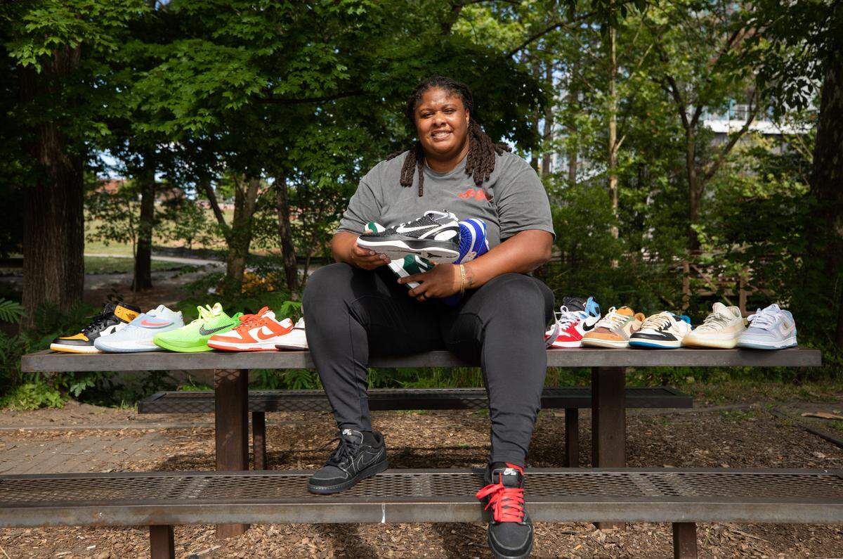 Kala Nwachukwu poses for a portrait at Durham Central Park in Durham, N.C. on Monday, June 12, 2023. Nwachukwu has over 150 pairs of sneakers in her closet, a passion which in 2014 led her to start The Kickback Sneaker Expo. The biannual event, which will take place at the Raleigh Convention Center this weekend, drew 4,000 attendees last year.