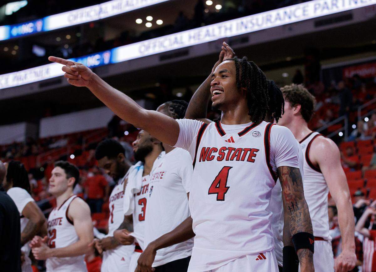 N.C. State’s Breon Pass reacts in the final seconds of the Wolfpack’s 72-49 win over Colgate at Lenovo Center on Monday, Nov. 18, 2024, in Raleigh, N.C.