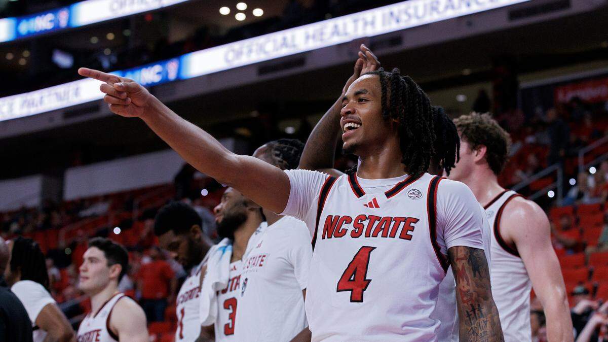 N.C. State’s Breon Pass reacts in the final seconds of the Wolfpack’s 72-49 win over Colgate at Lenovo Center on Monday, Nov. 18, 2024, in Raleigh, N.C.