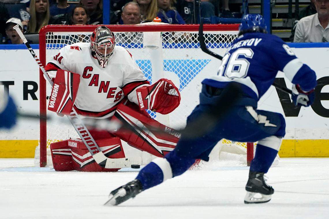 Carolina Hurricanes goaltender Petr Mrazek (34) can’t stop a goal by Tampa Bay Lightning right wing Nikita Kucherov during the third period in Game 4 of an NHL hockey Stanley Cup second-round playoff series Saturday, June 5, 2021, in Tampa, Fla. (AP Photo/Chris O’Meara)