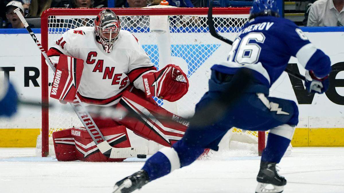 Carolina Hurricanes goaltender Petr Mrazek (34) can’t stop a goal by Tampa Bay Lightning right wing Nikita Kucherov during the third period in Game 4 of an NHL hockey Stanley Cup second-round playoff series Saturday, June 5, 2021, in Tampa, Fla. (AP Photo/Chris O’Meara)