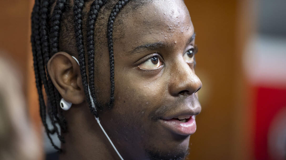 North Carolina forward Caleb Wilson, out with a broken thumb, takes questions from the media in the Tar Heels’ locker room on Wednesday, March 18, 2026, at Bon Secours Arena in Greenville, S.C.