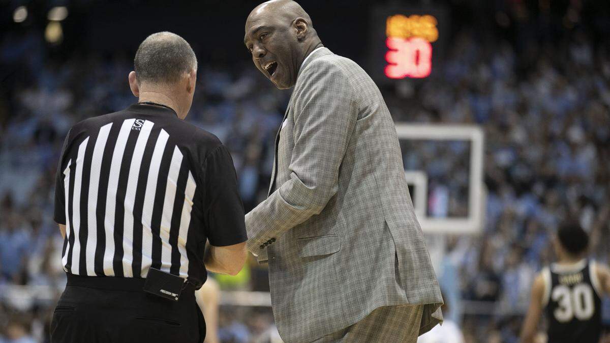 Wake Forest coach Danny Manning argues with the official during the first half against North Carolina on Tuesday, March 3, 2020 at the Smith Center in Chapel Hill, N.C.