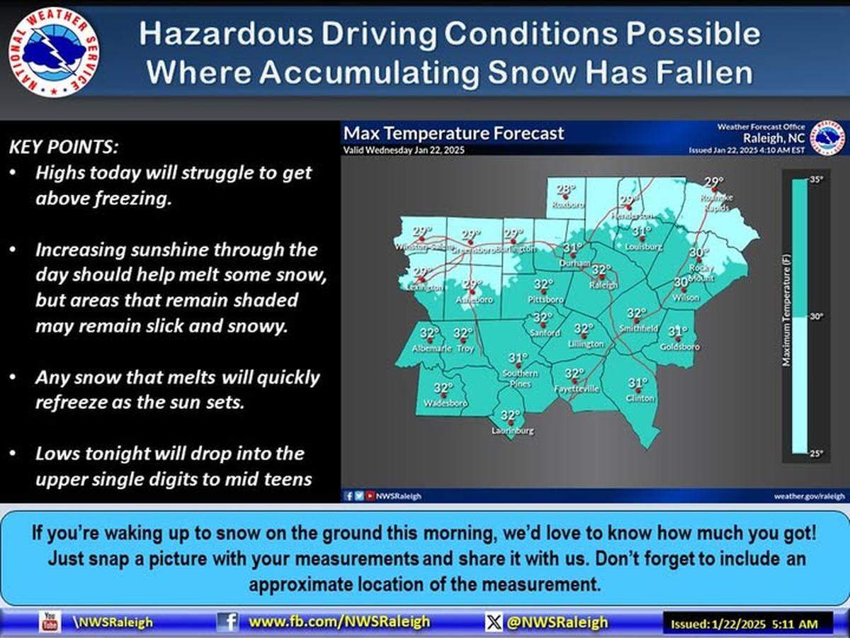 Based on snow reports and conditions Wednesday morning, Jan. 22, the National Weather Service said roads in a wide area of central North Carolina could be treacherous until crews have scraped and salted.
