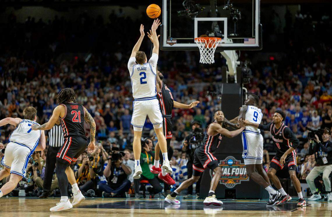 With the Houston Cougars holding a one point lead with :08 seconds to play, Duke forward Cooper Flagg (2) misses a jump shot, to secure a Houston victory on Saturday, April 5, 2025 during the NCAA national semi final game at the Alamodome in San Antonio, TX.
