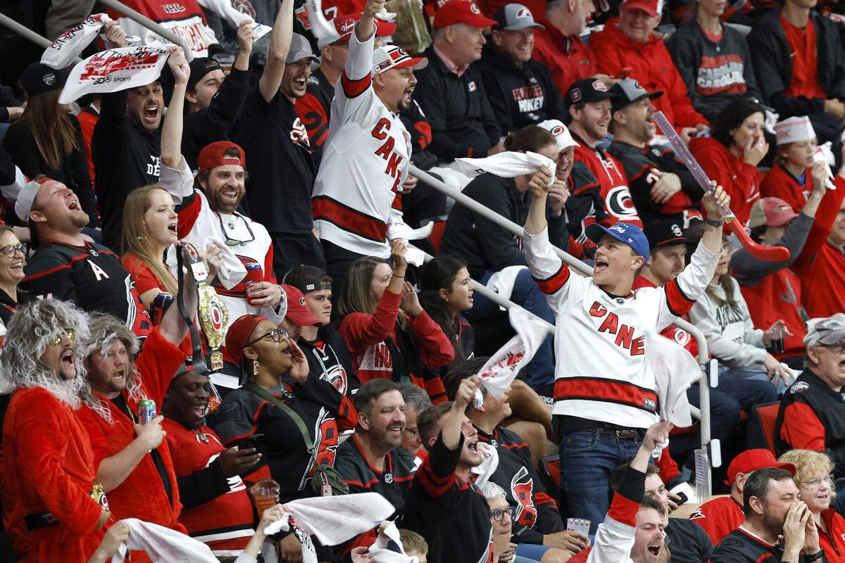 Canes fans celebrate in the second period of the Hurricanes’ game against the Canadiens in game five of the Eastern Conference Finals at the Lenovo Center Friday, May 29, 2026.