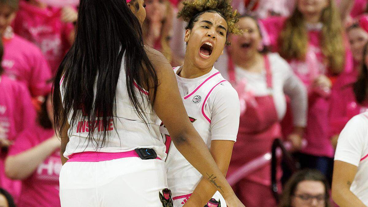 N.C. State’s Madison Hayes reacts during the first half of the Wolfpack’s 89-83 win over Duke in the Play4Kay Game on Monday, Feb. 3, 2025, at Reynolds Coliseum in Raleigh, N.C.