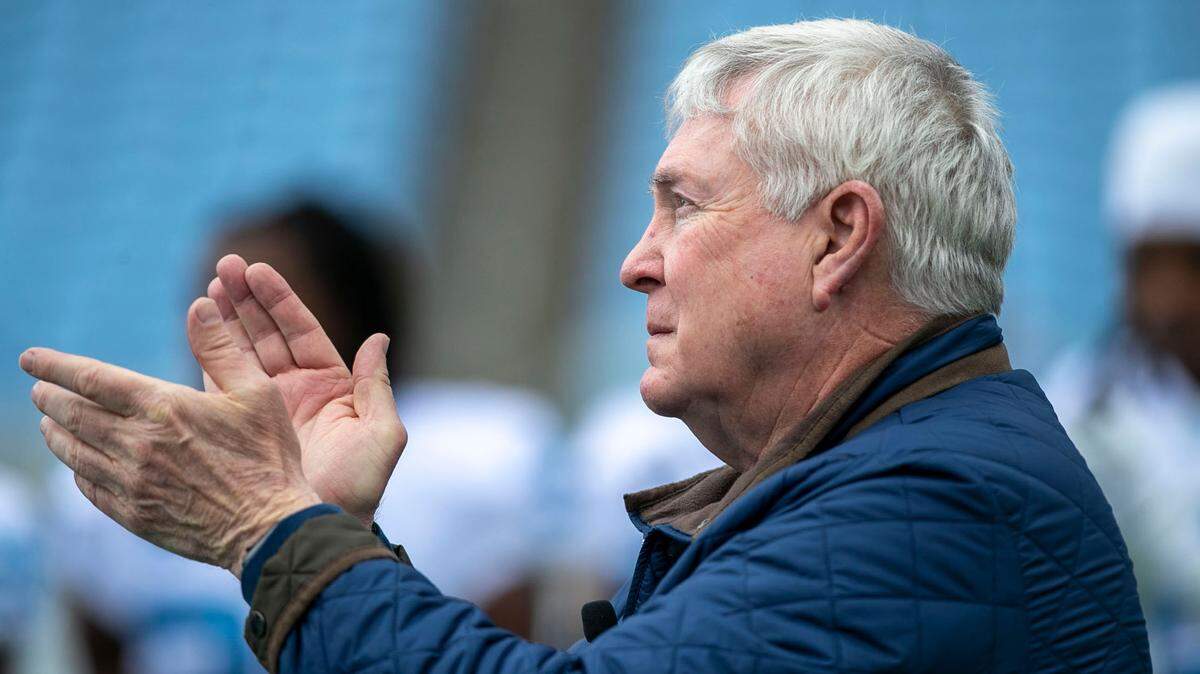 North Carolina coach Mack Brown applauds his players during their spring football game on Saturday, April 9, 2022 at Kenan Stadium in Chapel Hill, N.C.