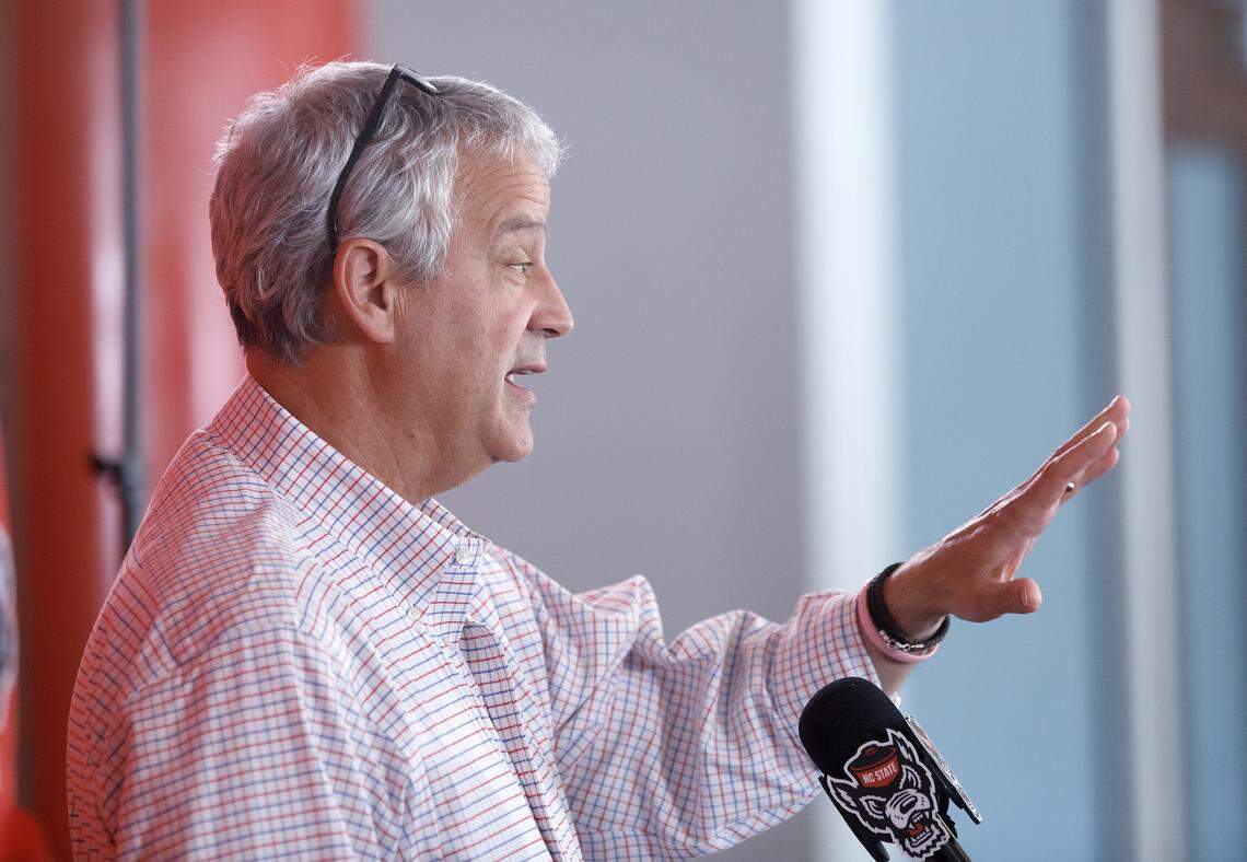 N.C. State athletic director Boo Corrigan speaks during a press conference at Carter-Finley Stadium on Thursday, following the departure of former men’s basketball coach Will Wade.
