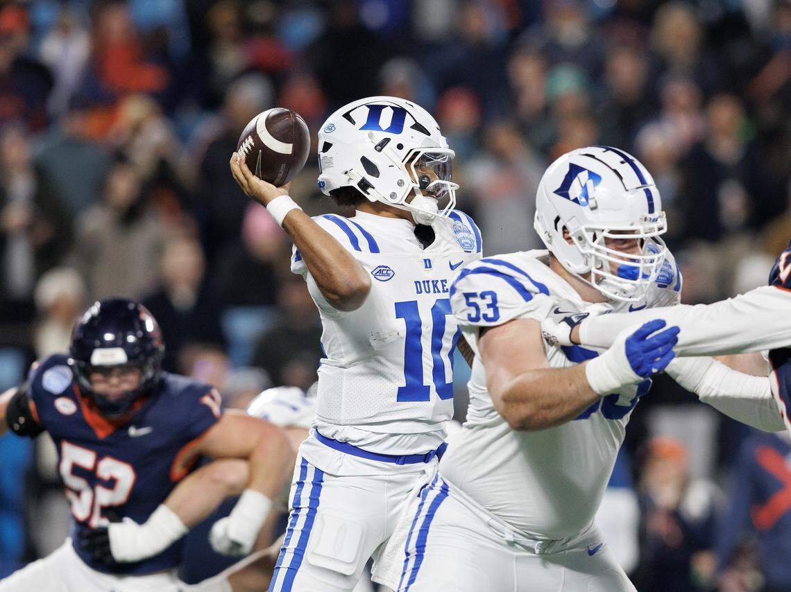 Duke quarterback Darian Mensah looks to pass during the first half of the ACC Football Championship against Virginia on Saturday, Dec. 6, 2025, at Bank of America Stadium in Charlotte, N.C.