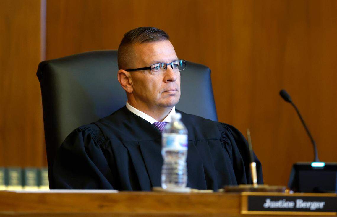 Associate Justice Phil Berger Jr. listens during oral arguments at the Supreme Court of North Carolina in Raleigh, N.C., Monday, May 9, 2022.