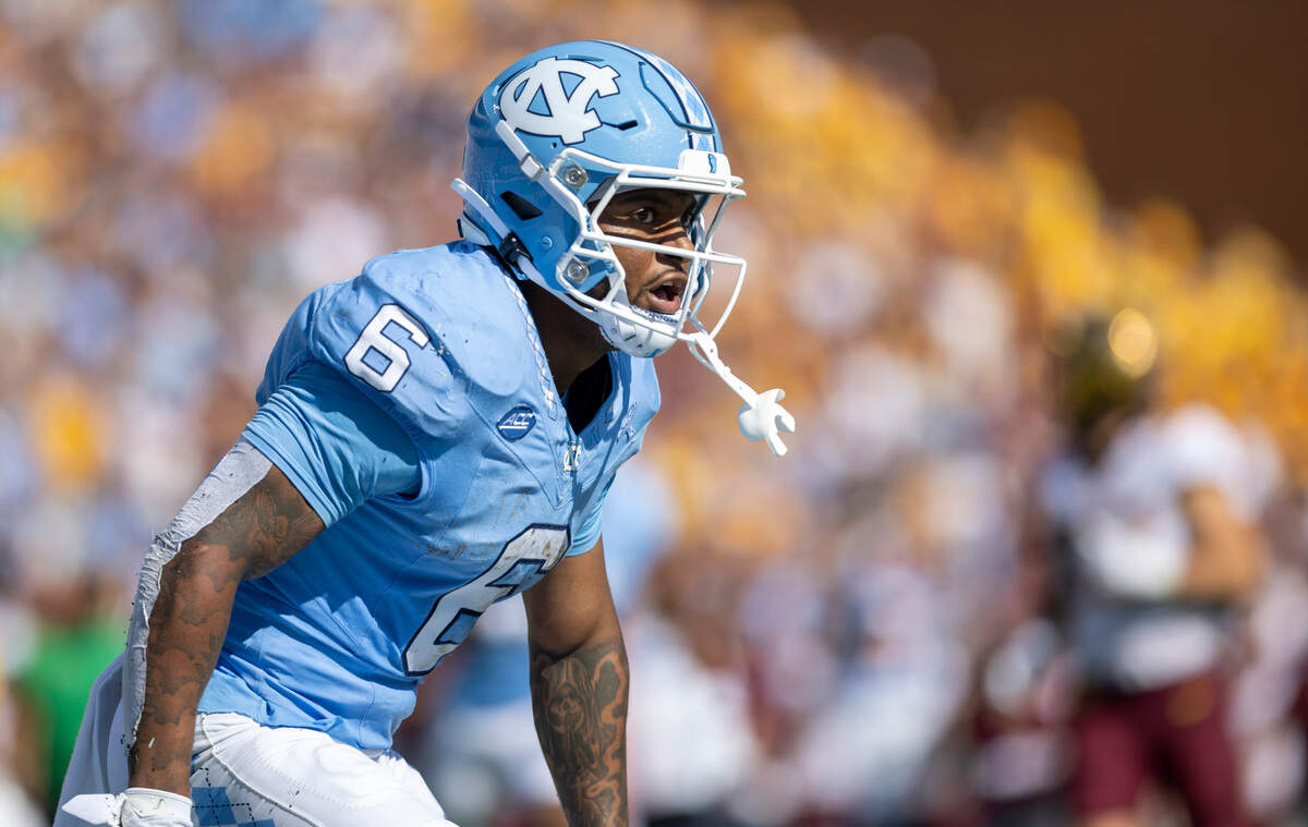 North Carolina’s Nate McCollum (6) reacts after scoring on a 46-yard pass reception from quarterback Drake Maye in the first quarter against Minnesota on Saturday, September 16, 2023 at Kenan Stadium in Chapel Hill N.C.