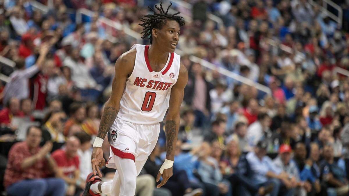 N.C. State’s Terquavion Smith (0) reacts after sinking a three point basket to give the Wolfpack a 44-26 lead in the first half against Virginia Tech in the second round of the ACC Tournament on Wednesday, March 8, 2023 at the Greensboro Coliseum in Greensboro, N.C. Smith scored 19 points in the first half.