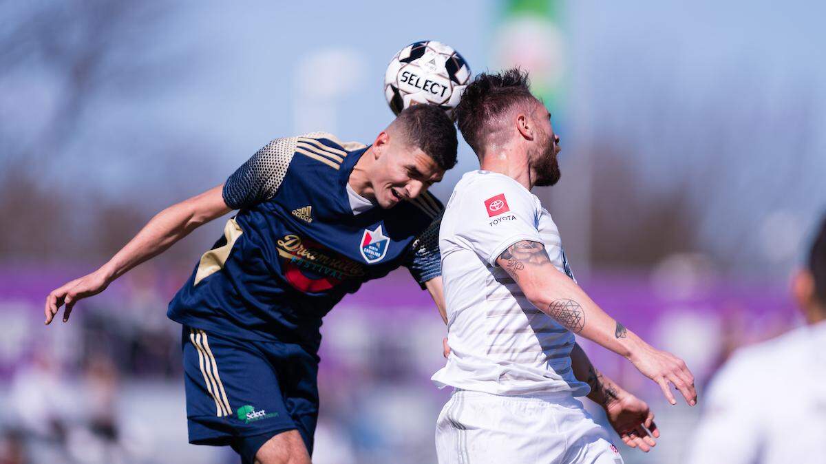 North Carolina FC defender Manny Perez (2) during a match between North Carolina FC and Louisville City FC in Week 1 of the 2020 USL Championship regular season at Sahlen’s Stadium at WakeMed Soccer Park in Cary, NC - Saturday, March 7, 2020.