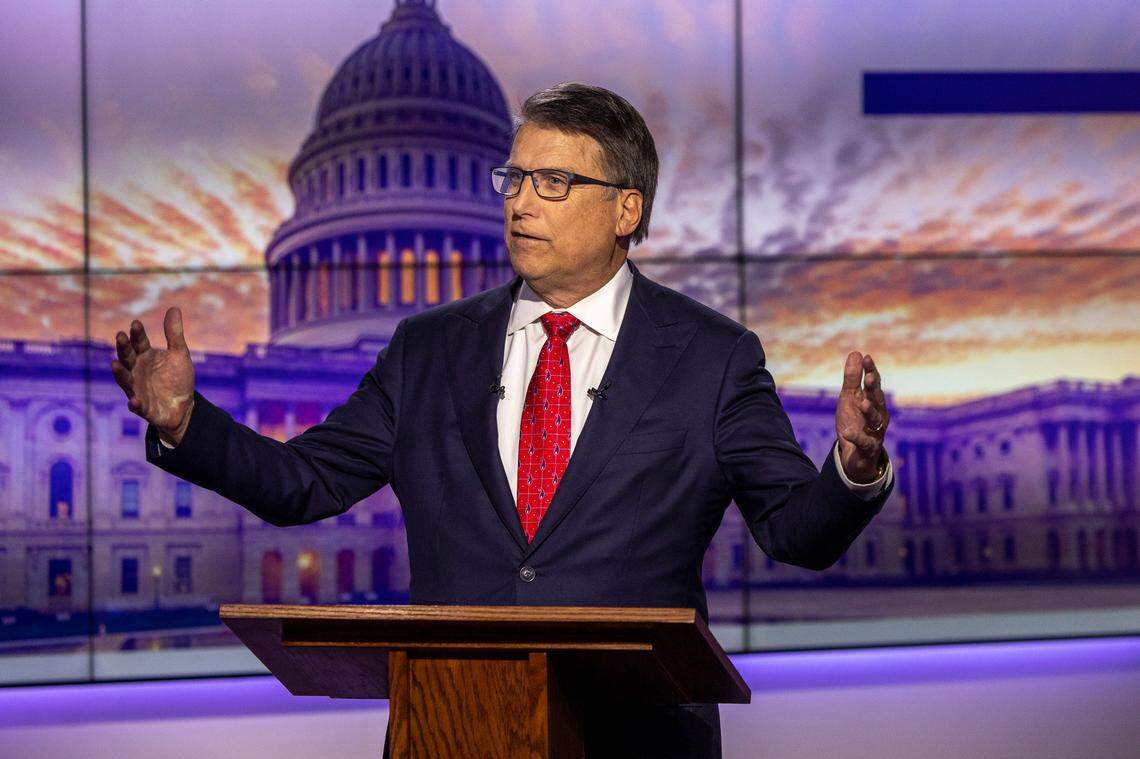 Republican U.S. Senate candidate Pat McCrory answers a question during an hour-long debate moderated by Spectrum News political anchor&nbsp;Tim Boyum at the Spectrum News studio in Raleigh, NC Wednesday, April 20, 2022.