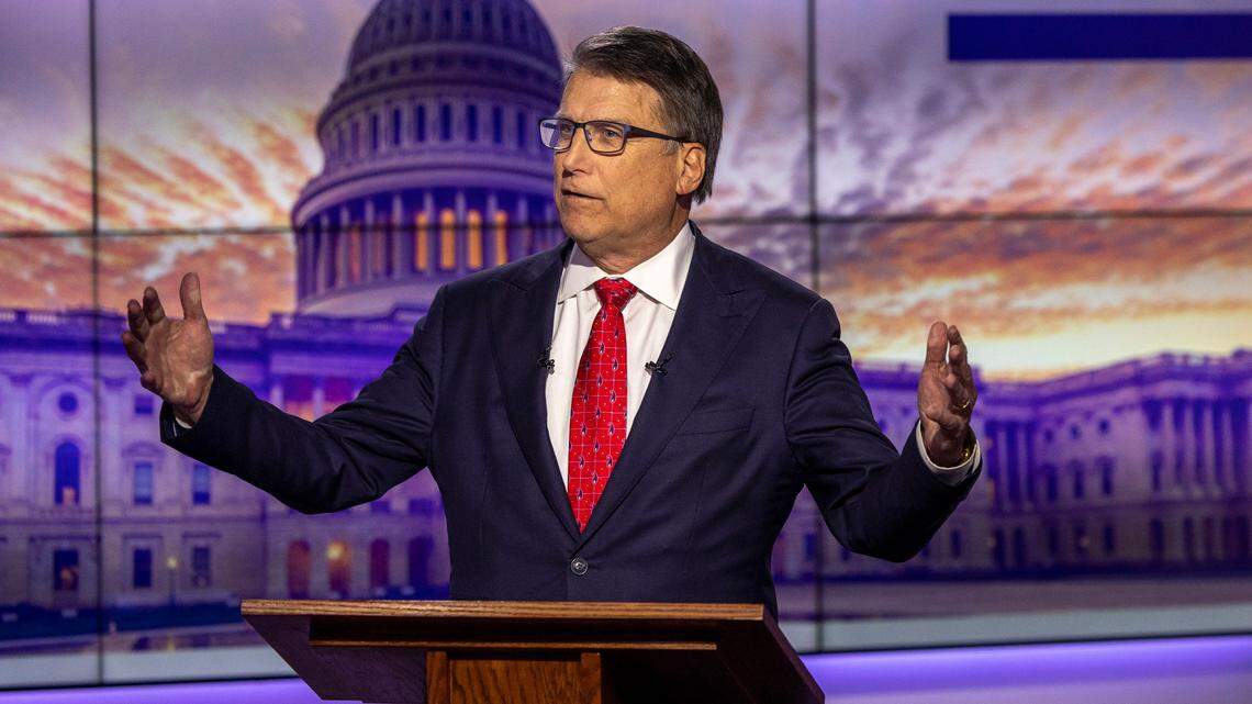 Republican U.S. Senate candidate Pat McCrory answers a question during an hour-long debate moderated by Spectrum News political anchor Tim Boyum at the Spectrum News studio in Raleigh, NC Wednesday, April 20, 2022.