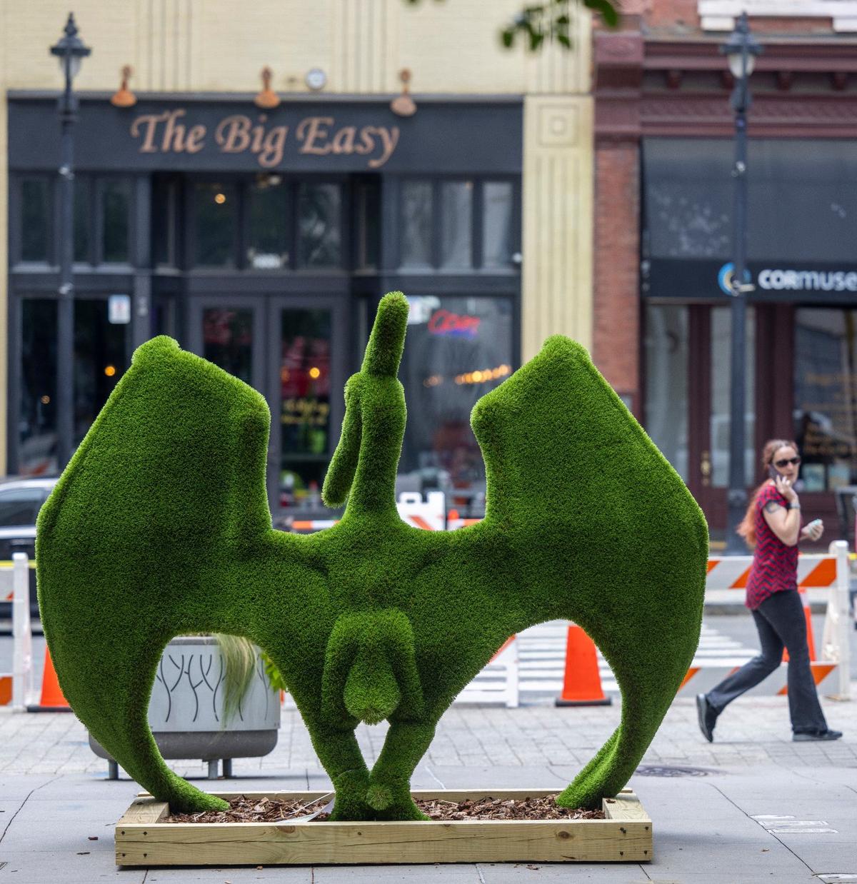 A pedestrian on Fayetteville Street glances at “Pterry” a an interactive topiary of a Pterodactyl on Exchange Plaza on Wednesday, July 17, 2024 in Raleigh, N.C. It is one of three dinosaurs installed in downtown Raleigh to celebrate the current Dueling Dinosaurs exhibit at the NC Museum of Natural Sciences.