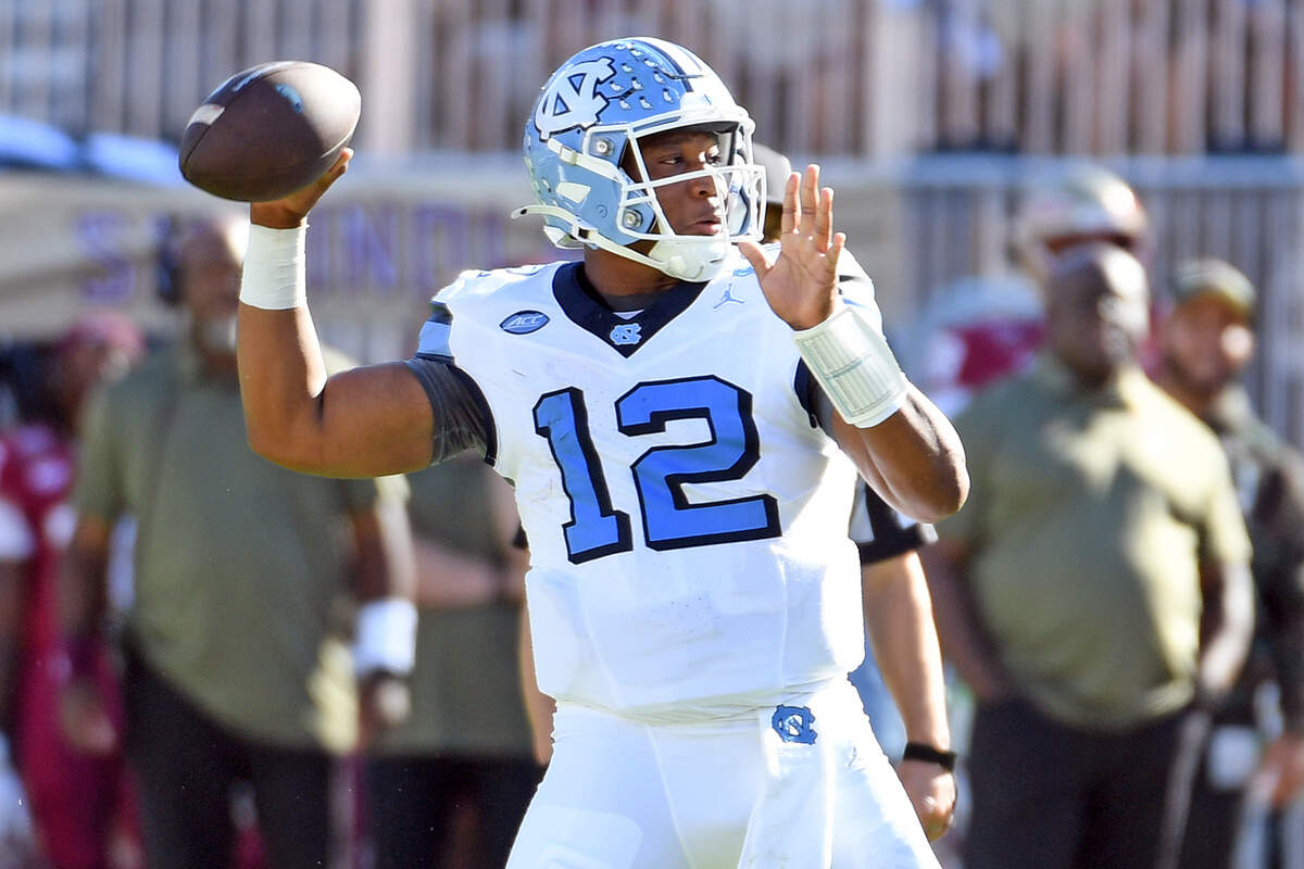 Nov 2, 2024; Tallahassee, Florida, USA; North Carolina Tarheels quarterback Jacolby Criswell (12) passes the ball against the Florida State Seminoles during the first quarter at Doak S. Campbell Stadium. Mandatory Credit: Robert Myers-Imagn Images