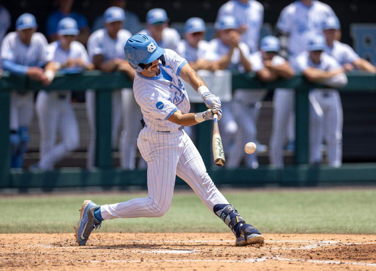 North Carolina third baseman Gavin Gallaher (5) connects for a base hit in the fourth inning against Arizona during the NCAA Super Regional on Friday, June 6, 2025 at Boshamer Stadium in Chapel Hill, N.C.