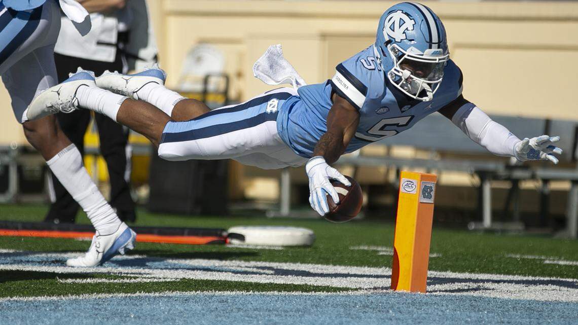 North Carolina’s Dazz Newsome (5) tries to dive into the end zone but was ruled out of bounds in the first quarter against Wake Forest at Kenan Stadium on Saturday, November 14, 2020 in Chapel Hill, N.C.
