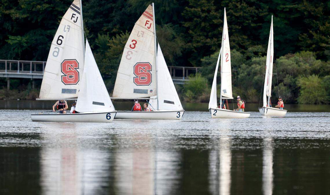 The N.C. State sailing team practices at Lake Crabtree in Morrisville, N.C., Friday, Sept. 6, 2024.
