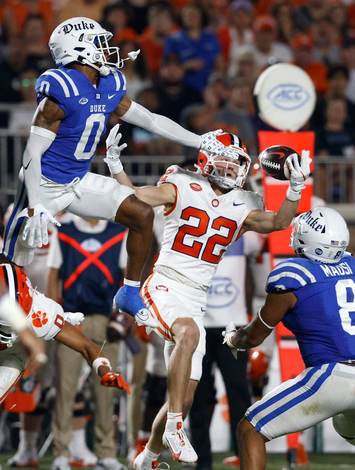 Duke’s Chandler Rivers and Dorian Mausi pressure a pass intended for Clemson’s Cole Turner during the first half of the Blue Devils’ season opening game against Clemson on Monday, Sept. 4, 2023, at Wallace Wade Stadium in Durham, N.C.