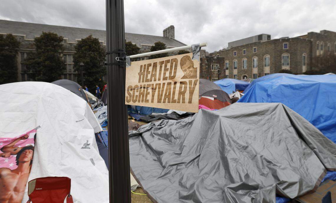 A sign at Krzyzewskiville at Duke University in Durham, N.C., seen on Wednesday, Feb. 18, 2026. It is the 40th anniversary of Krzyzewskiville,  the annual tent city for tickets for the Blue Devils game against North Carolina.