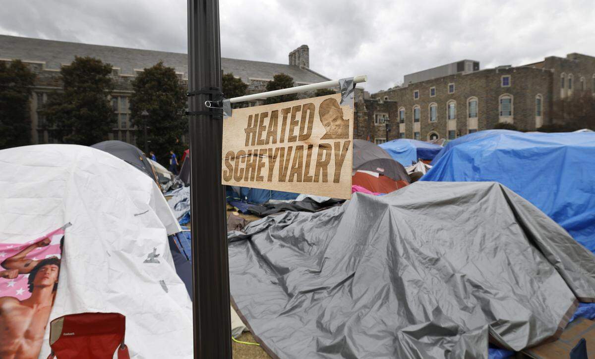 A sign at Krzyzewskiville at Duke University in Durham, N.C., seen on Wednesday, Feb. 18, 2026. It is the 40th anniversary of Krzyzewskiville,  the annual tent city for tickets for the Blue Devils game against North Carolina.