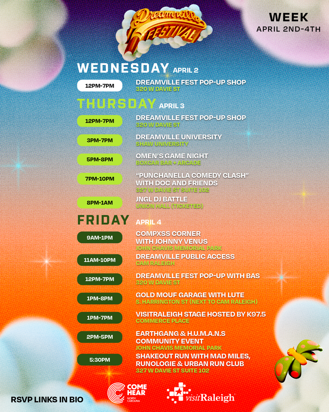 The 2025 Dreamville Festival Week schedule of free public events across downtown Raleigh.