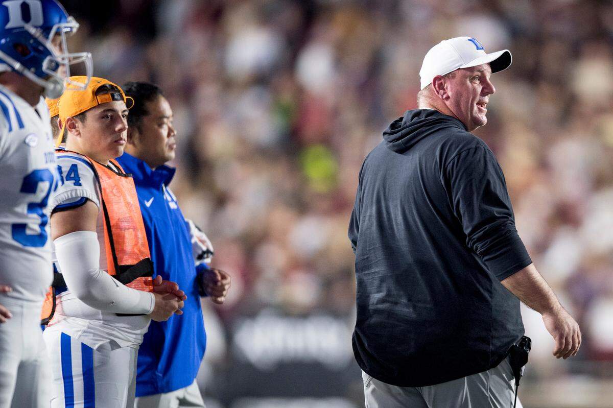 Head coach Mike Elko of the Duke Blue Devils looks on during the first half of a game against the Boston College Eagles at Alumni Stadium on November 4, 2022, in Chestnut Hill, Massachusetts. (Maddie Malhotra/Getty Images/TNS)