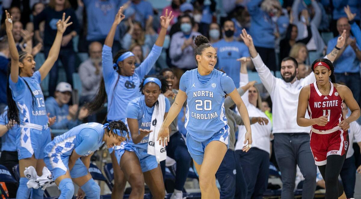 North Carolina’s Destiny Adams (20) and the Tar Heels’ bench react after a clutch three-point basket to give North Carolina a 49-42 lead with three minutes to play on Sunday, January 15, 2023 at Carmichael Arena in Chapel Hill, N.C. North Carolina held on to defeat the Wolfpack 56-47.